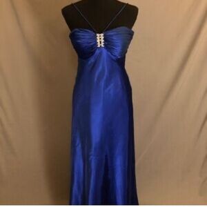 IGNITE EVENINGS COBALT BLUE SILKY PROM DRESS WITH RHINESTONE DETAILS FRONT&BACK